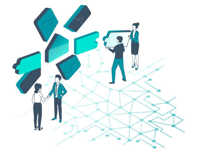 casavi partner network / multiple persons adding puzzle pieces to the casavi logo